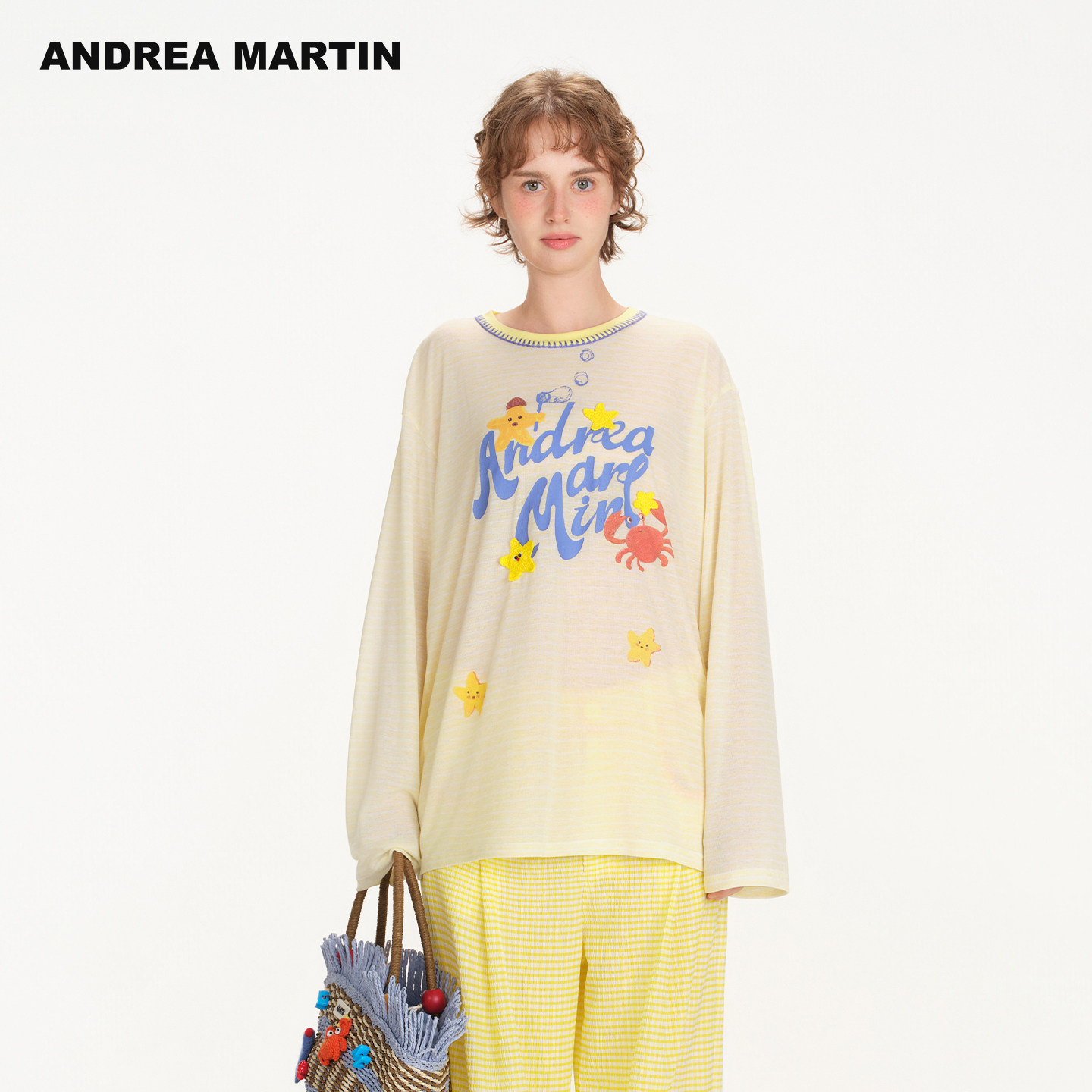 【希林娜依高同款】ANDREA MARTIN2026夏新款条纹印花休闲女薄T恤