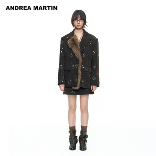 ANDREAMARTIN26冬新款棕色珠片拼接毛领双排扣女宽松西装棉服外套