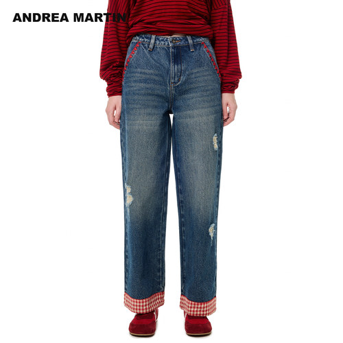 【苏新皓同款】ANDREA MARTIN 秋冬新款水洗破洞格子拼接牛仔裤