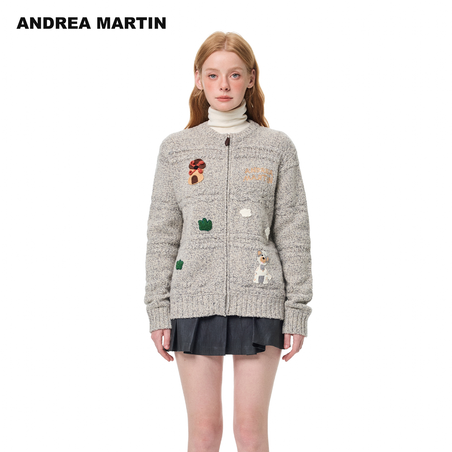 ANDREA MARTIN2025秋冬新款趣味贴布刺绣毛衣外套女拉链针织开衫