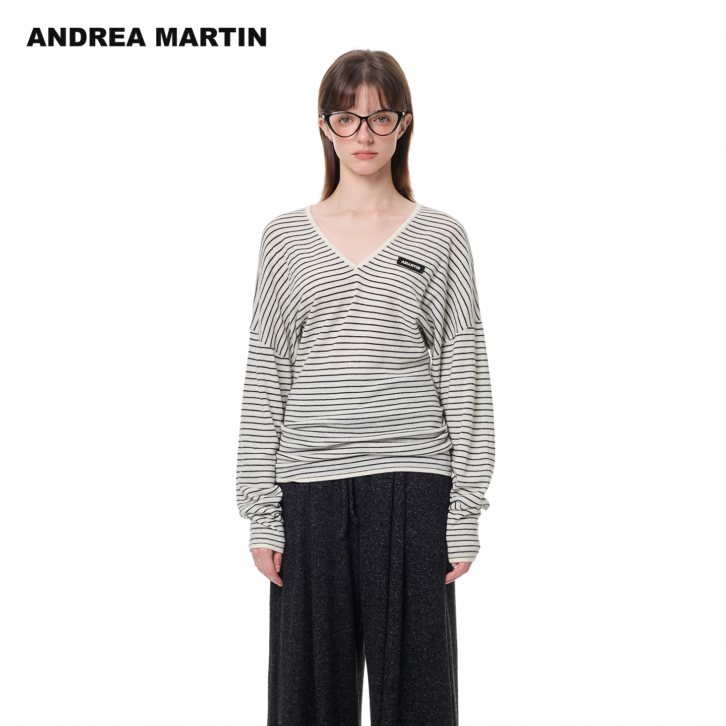 ANDREA MARTIN2025秋冬新款条纹针织衫女V领宽松休闲百搭长袖上衣