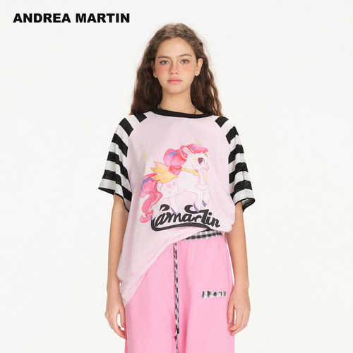 严选ANDREA MARTIN2026夏季新款趣味印花宽松直筒休闲拼接短袖T恤