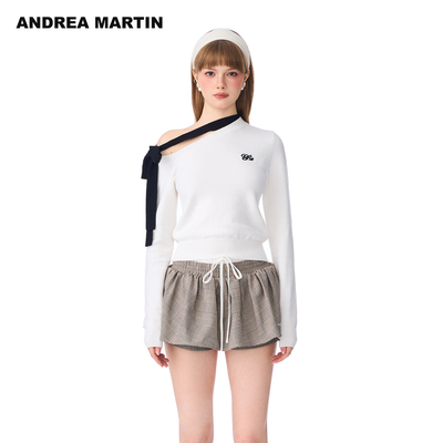 ANDREA MARTIN秋冬新品不对称露肩绑带针织衫女宽松短款毛衣