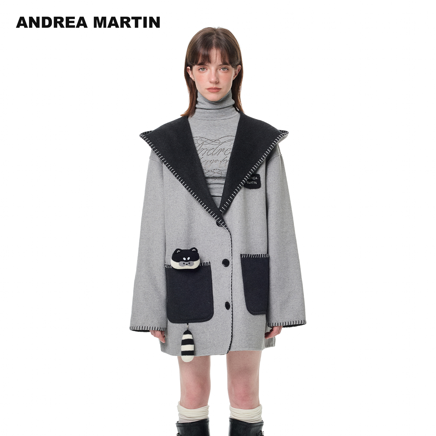 ANDREA MARTIN2025秋冬新款小浣熊双面呢连帽大衣女中长宽松外套