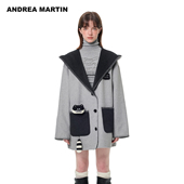 ANDREA MARTIN秋冬新款 小浣熊双面呢连帽大衣女中长宽松外套