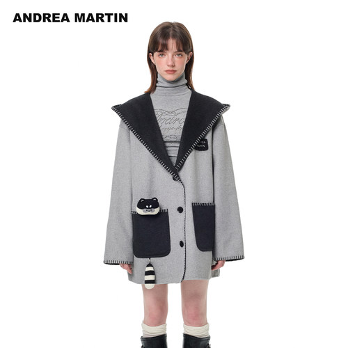 ANDREA MARTIN秋冬新款小浣熊双面呢连帽大衣女中长宽松外套