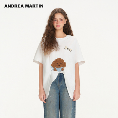 ANDREA MARTIN2026夏季新款白色立体抽褶小狗宽松短袖休闲T恤女