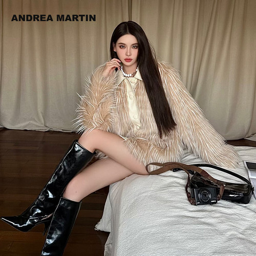 皮料拼接毛毛外套