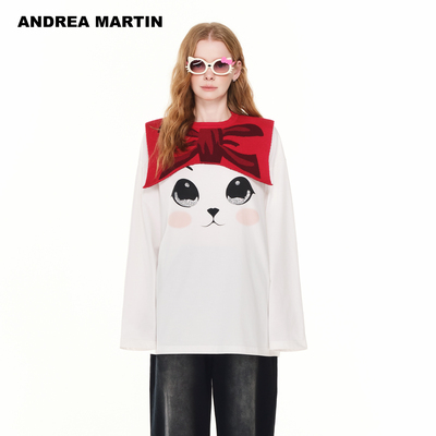 ANDREA MARTIN2025秋季新款一衣两穿可脱卸猫咪印花披肩长袖T恤