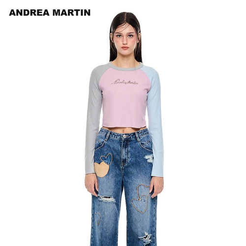 ANDREA MARTIN2026秋季新款拼接撞色珠绣字母休闲修身女短长袖T恤