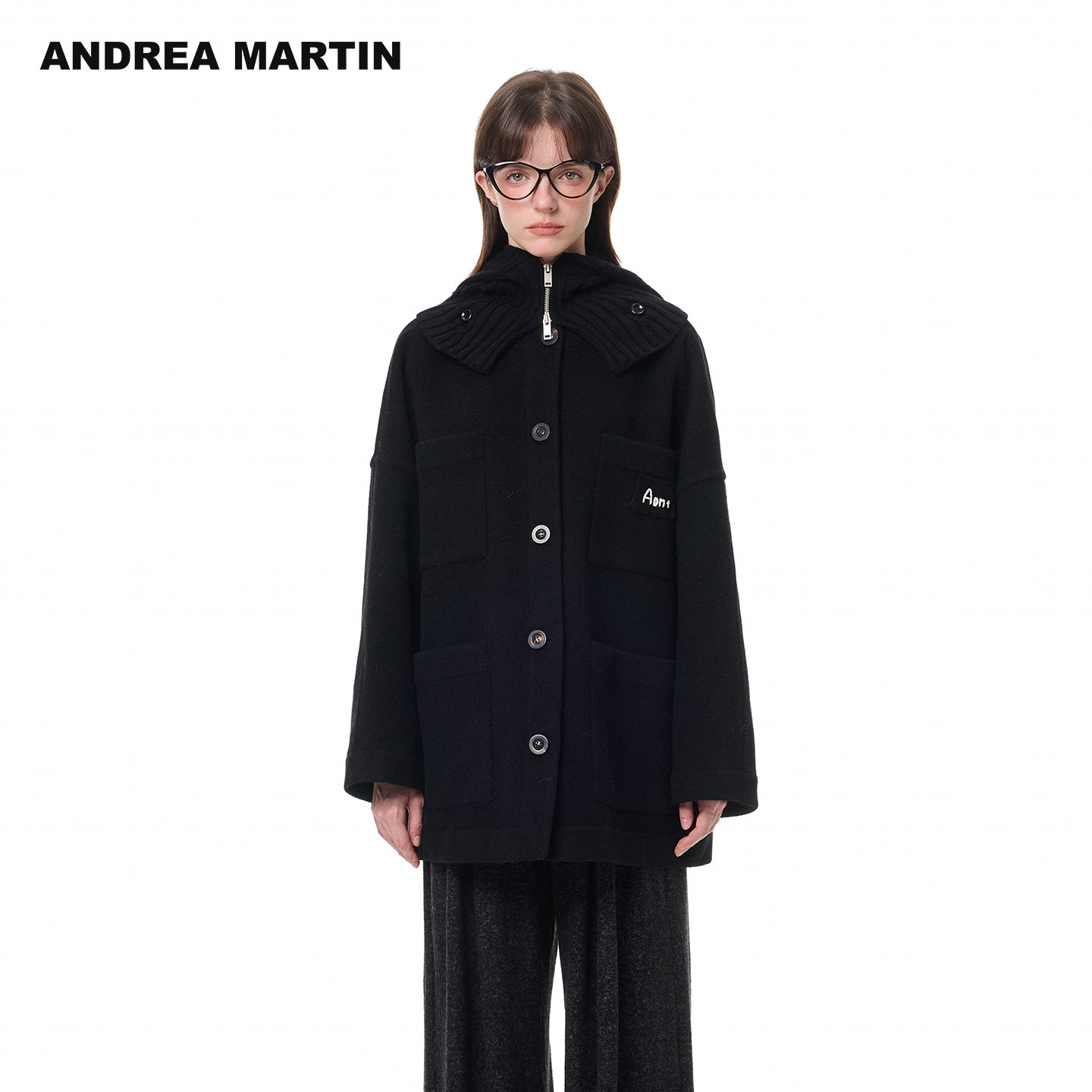 ANDREA MARTIN 25冬季新款简约针织连帽口袋中长绵羊毛呢大衣外套