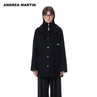 新款 25冬季 简约针织连帽口袋中长绵羊毛呢大衣外套 MARTIN ANDREA