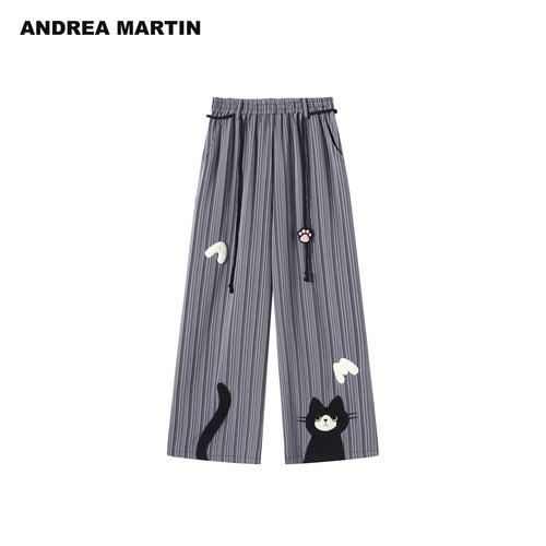 ANDREA MARTIN2026夏季新款萌趣猫咪贴布宽松A字百搭阔腿休闲长裤