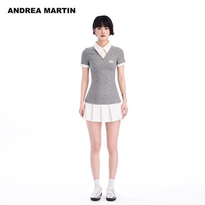 ANDREA MARTIN2026夏季新款假两件女针织拼接收腰修身百褶连衣裙