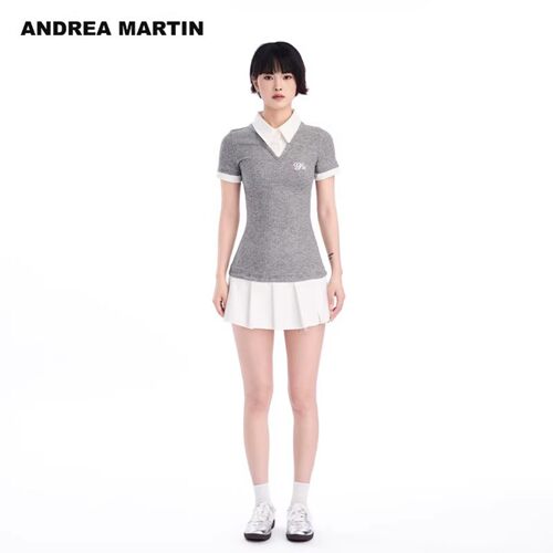 ANDREA MARTIN2026夏季新款假两件女针织拼接收腰修身百褶连衣裙
