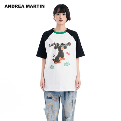 ANDREA MARTIN夏季新款短袖T恤女印花撞色插肩纯棉圆领上衣
