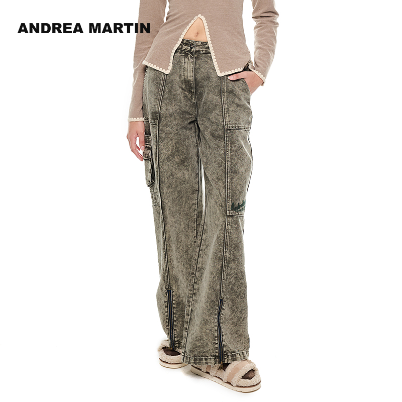ANDREA MARTIN秋冬新款灰绿色牛仔工装裤立体拼接松紧腰牛仔裤