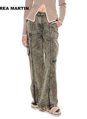 ANDREA MARTIN秋冬新款灰绿色牛仔工装裤立体拼接松紧腰牛仔裤