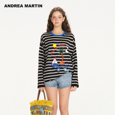 ANDREA MARTIN2026春季新款条纹钩织贴布宽松休闲绵羊毛针织衫T恤