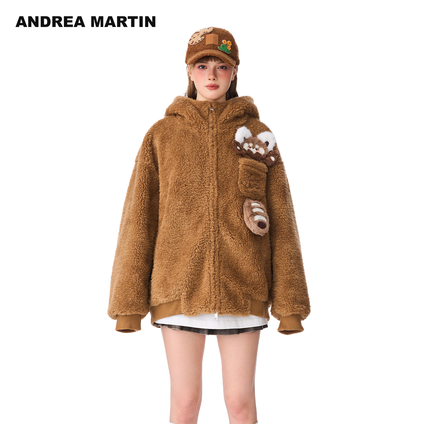 ANDREA MARTIN2025秋冬新款毛绒感动物玩偶宽松连帽休闲保暖外套