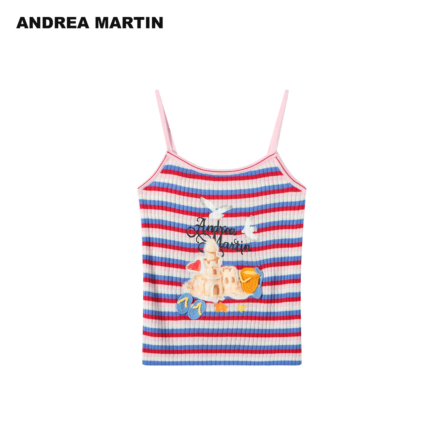 ANDREA MARTIN2026夏新款撞色条纹修身刺绣贴布女短针织吊带背心