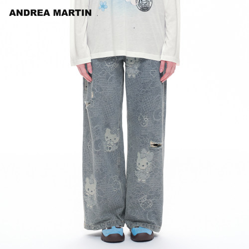 严选ANDREA MARTIN2026夏新款甜酷做旧满印破洞阔腿女休闲牛仔裤