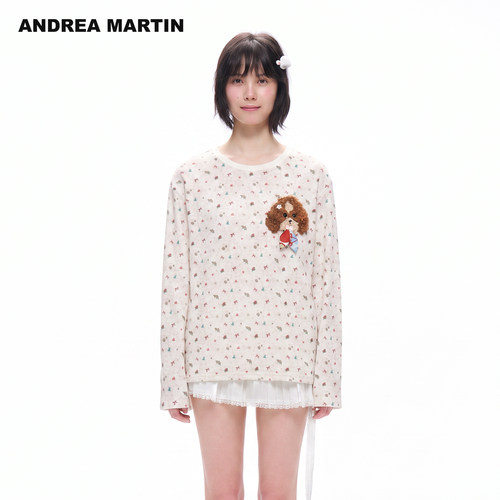 严选ANDREA MARTIN2026秋新款满印碎花立体贴布小狗女减龄长袖T恤