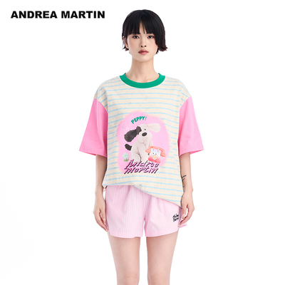 【徐艺洋同款】ANDREA MARTIN2025夏季新款条纹短袖T恤女拼接上衣