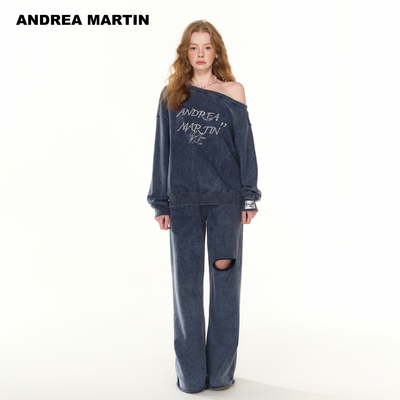 【吴宣仪同款】ANDREAMARTIN秋季新款时尚套装女斜肩卫衣休闲长裤