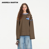 新款 ANDREA MARTIN2026春季 复古条纹钩针小猪小猴宽松休闲百搭T恤