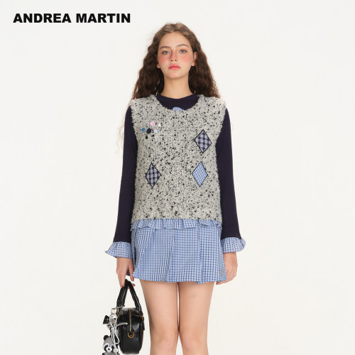 ANDREA MARTIN2026秋季新款趣味格子贴布针织背心女无袖圆领马甲