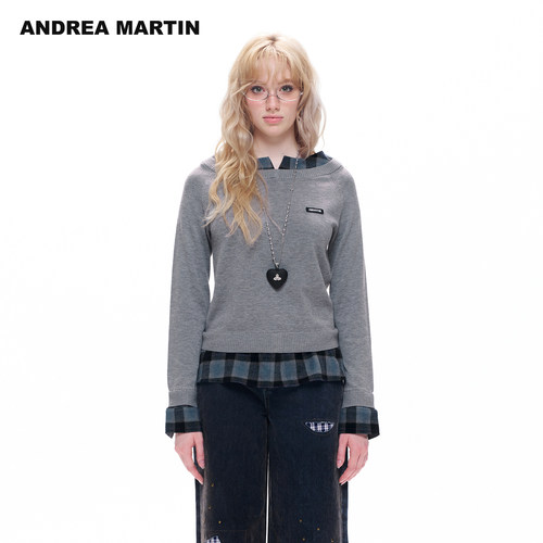 ANDREA MARTIN2026秋新款假两件灰色格纹拼接女宽松长袖毛针织衫