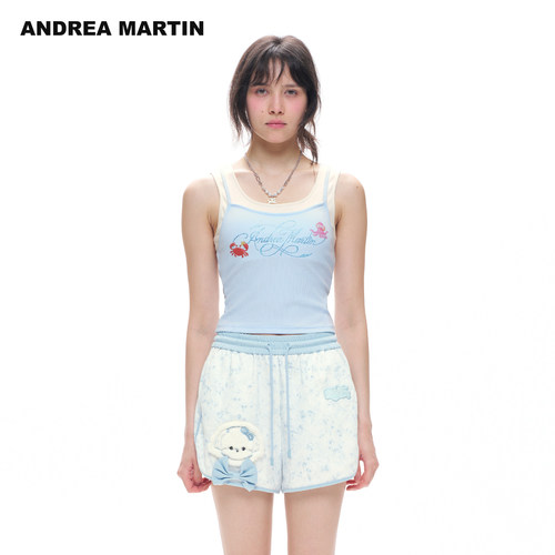 ANDREA MARTIN2026夏季新款蓝色假两件烫钻印花女短修身吊带背心