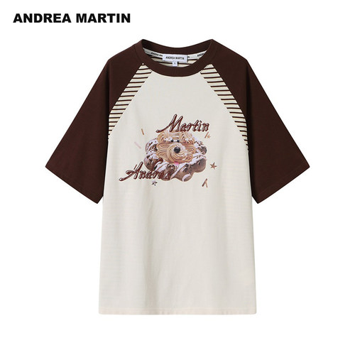 ANDREA MARTIN2026夏季新款撞色短袖T恤女宽松拼接印花休闲上衣
