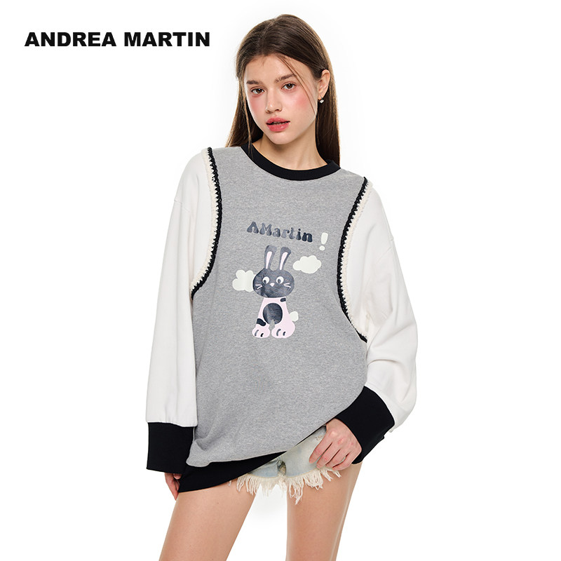 ANDREA MARTIN秋冬新款灰色织带拼接兔子图案长袖卫衣