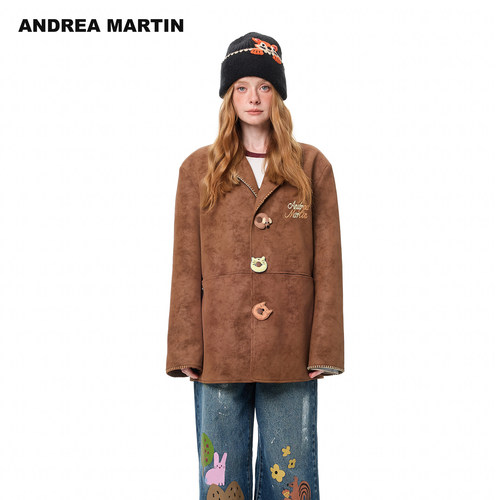 ANDREA MARTIN秋冬新品复古皮衣趣味纽扣刺绣西装外套男女款