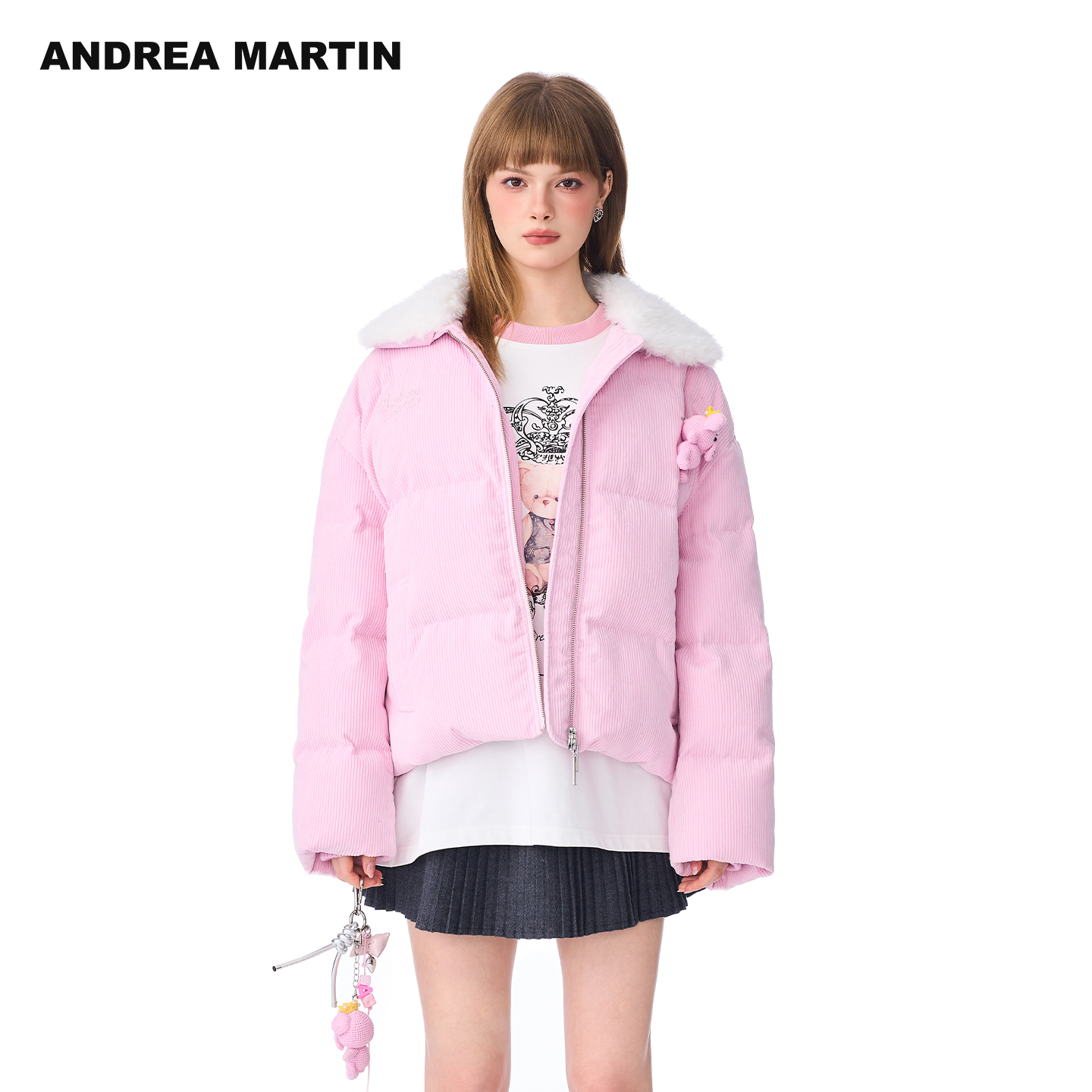 【丁程鑫同款】ANDREA MARTIN 2025秋冬新款灯芯绒毛领保暖羽绒服