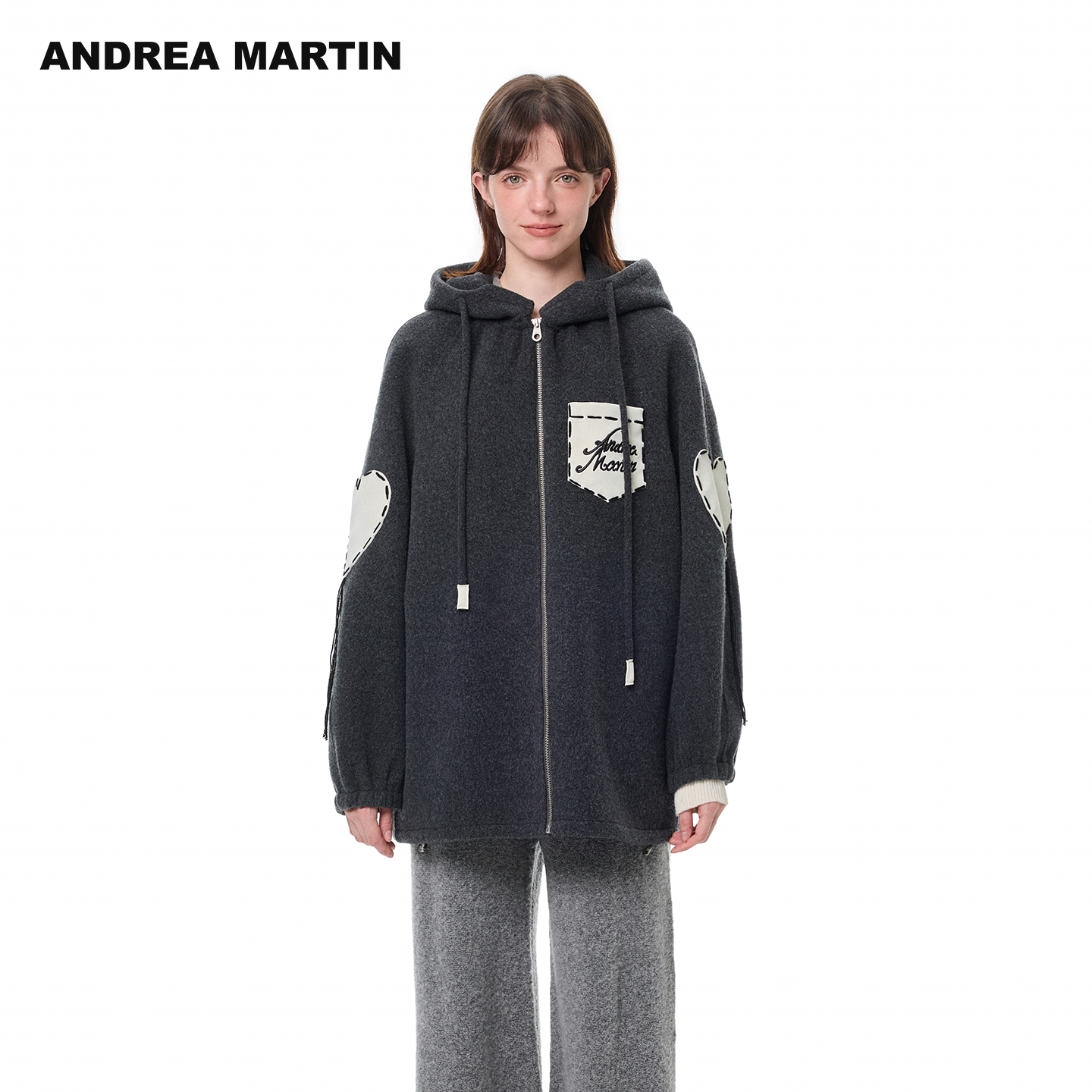 ANDREA MARTIN2025秋冬新品贴布刺绣双面呢连帽外套保暖男女同款