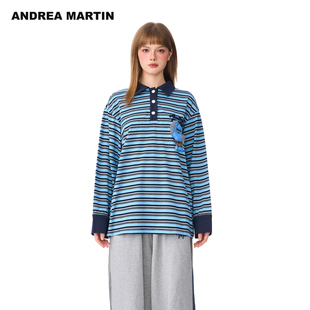ANDREA MARTIN2025秋冬新款 条纹钩织小马polo领上衣宽松休闲T恤衫