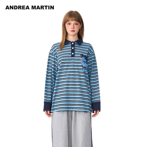 【丁程鑫同款】ANDREA MARTIN 秋冬新款条纹polo宽松长袖T恤