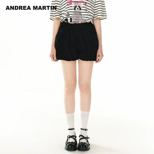 【孟子义同款】ANDREA MARTIN夏季新款黑色短裤女松紧腰短裤