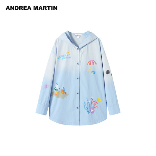 ANDREA MARTIN2026春夏新款渐变水洗连帽衬衫抽绳短裤休闲套装