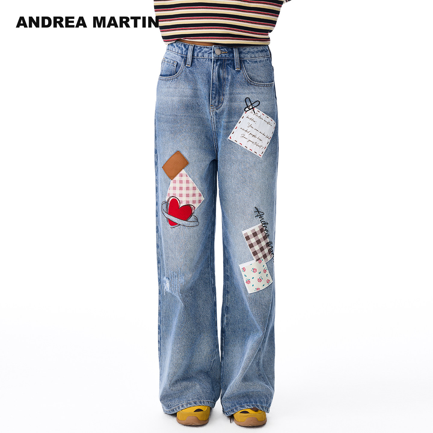 【武艺同款】ANDREA MARTIN 秋冬新品破洞贴布印花阔腿牛仔裤,女装/女士精品,牛仔裤,淘宝优惠券,粉丝福利购,淘宝优惠卷