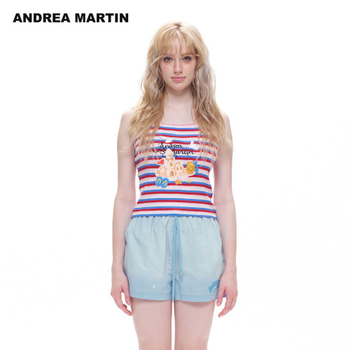 ANDREA MARTIN2026夏新款撞色条纹修身刺绣贴布女短针织吊带背心