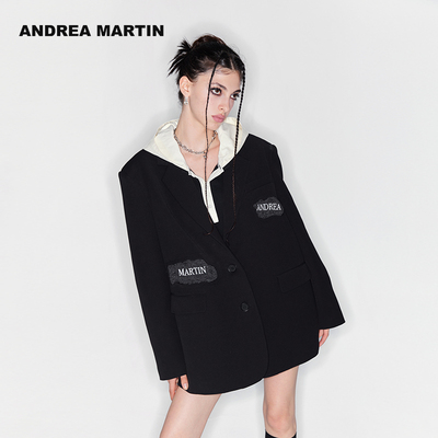 ANDREA MARTIN冬新款黑色破坏字母logo西装外套