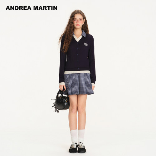 ANDREA MARTIN2026秋季新款假两件拼接连衣裙女显瘦针织裙藏青色