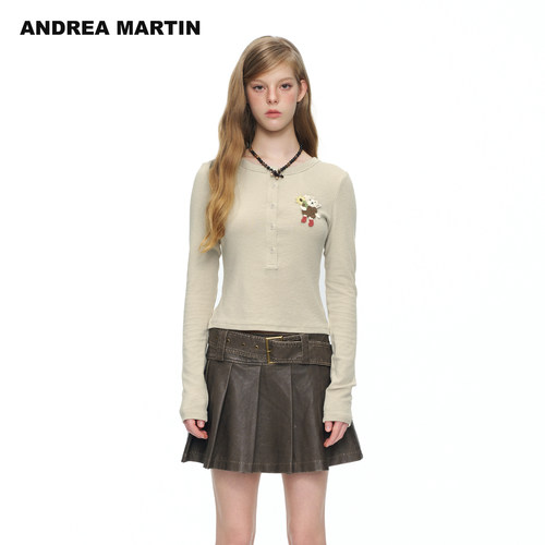 ANDREA MARTIN26秋冬新款立体钩织玩偶亨利领长袖修身女短打底T恤