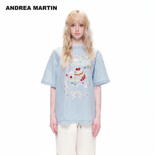 ANDREA MARTIN2026夏季新款蕾丝莓果印花宽松女落肩短袖休闲T恤