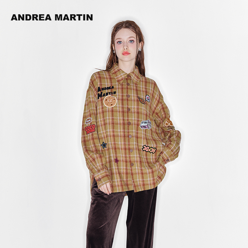 ANDREA MARTIN冬新款中性风男女小熊格子刺绣衬衫