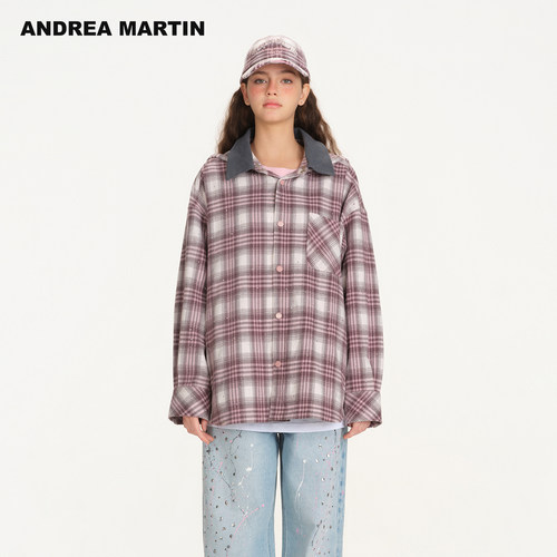 【苏醒 贺峻霖同款】ANDREA MARTIN26秋新款格纹连帽烫钻休闲衬衫